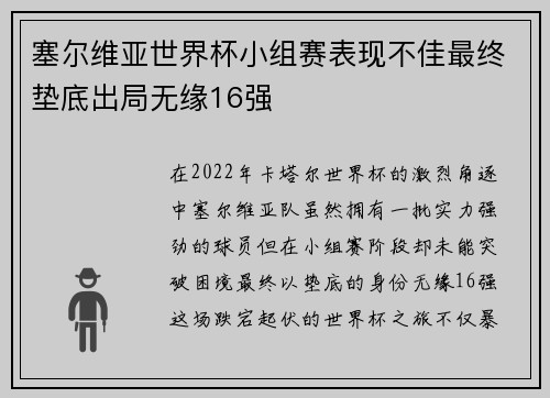 塞尔维亚世界杯小组赛表现不佳最终垫底出局无缘16强