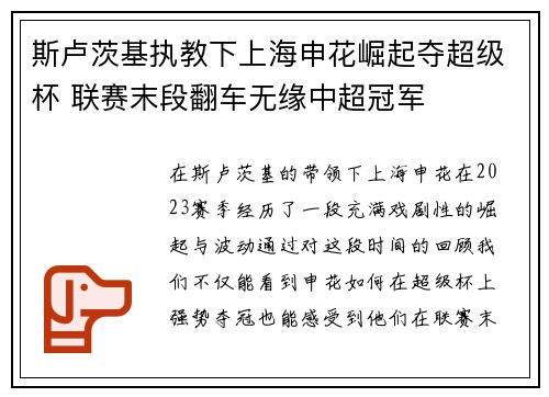斯卢茨基执教下上海申花崛起夺超级杯 联赛末段翻车无缘中超冠军